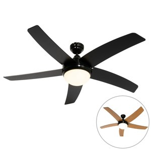 Chytrý stropní ventilátor černý s dřevěným potiskem 132 cm vč. LED stmívatelné s dálkovým ovládáním - Cool